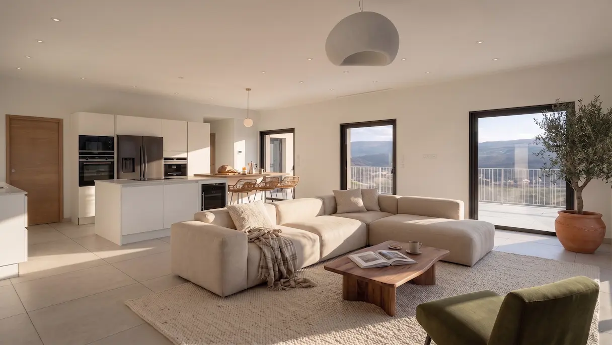Séjour villa contemporaine — vue dégagée et palette claire